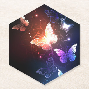 Glowing Night Butterflies Paper Coaster
