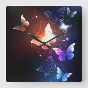 Glowing Night Butterflies Square Wall Clock