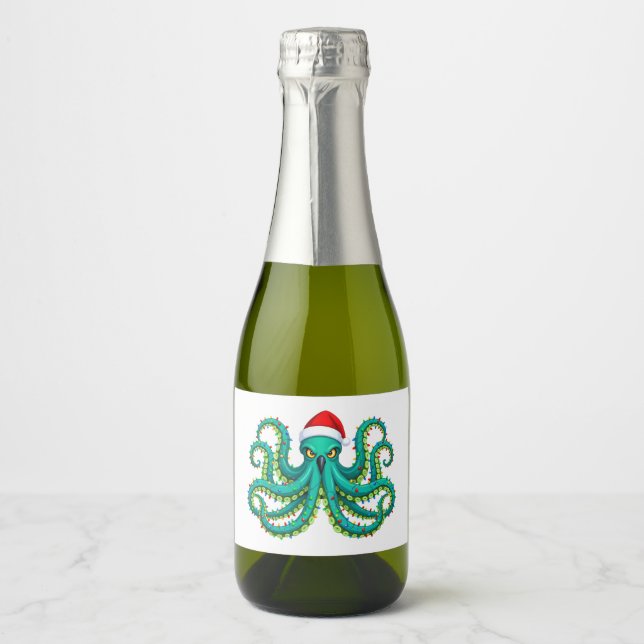 Glowing Octopus Christmas Lights for Ocean   Sparkling Wine Label (Front)