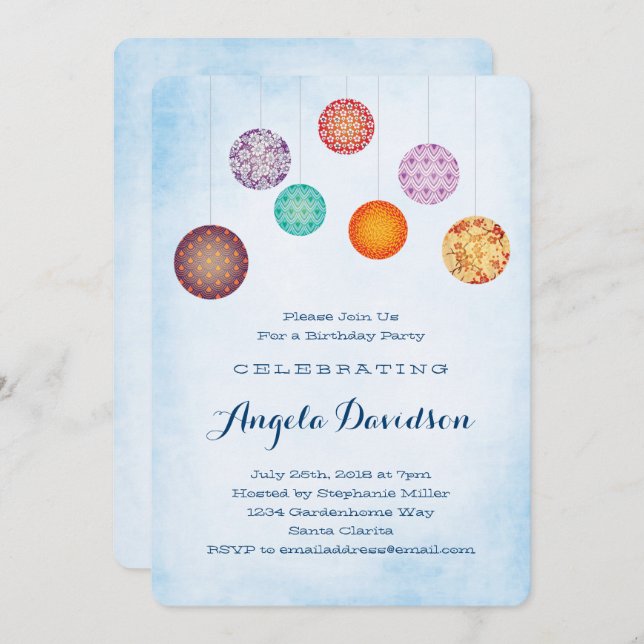 Glowing Paper Lanterns Blue Birthday Invitation (Front/Back)