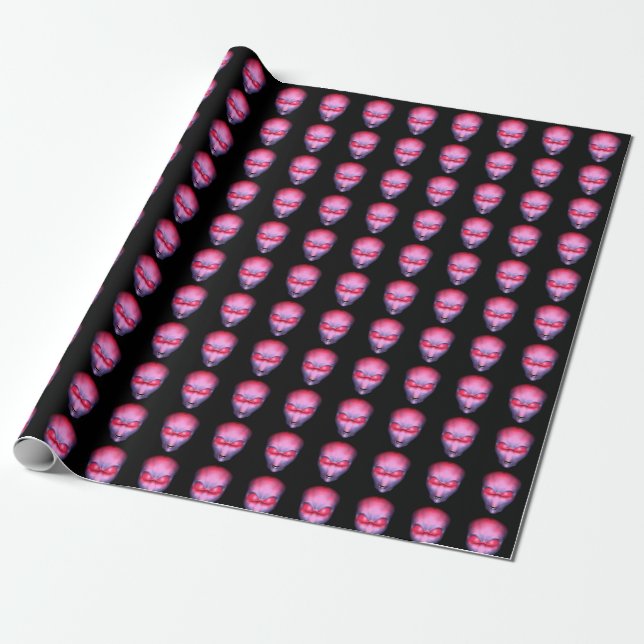 Glowing Pink Alien Heads Wrapping Paper (Unrolled)