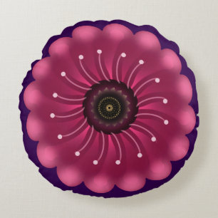 Glowing Pink Fantasy Flower Abstract Neon Floral Round Cushion