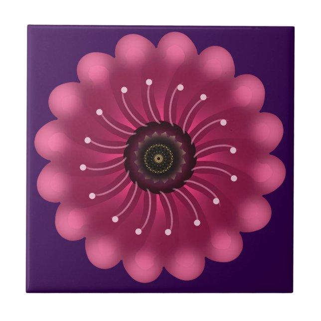 Glowing Pink Fantasy Flower | Abstract Neon Floral Tile (Front)