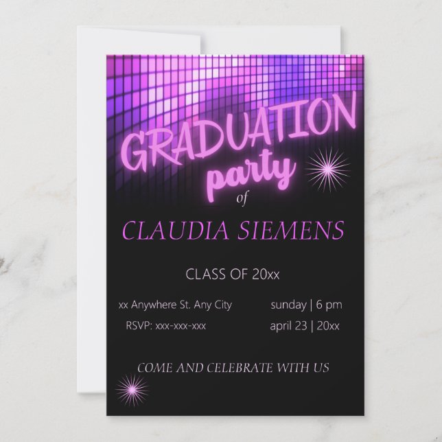 Glowing PINK NEON modern Graduation Invitations (Front)