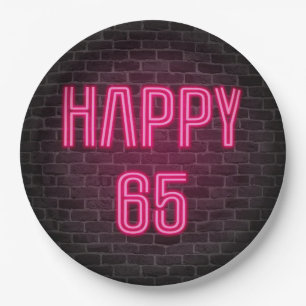 Glowing Pink Neon Sigh for 65th Birthday Paper Plate