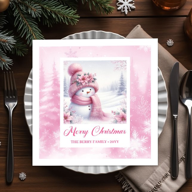 Glowing Pink Snowman Winter Forest Christmas  Napkin (Glowing Pink Snowman Winter Forest Christmas Napkins Kids)