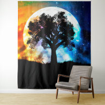 Glowing planet over starry sky and big tree