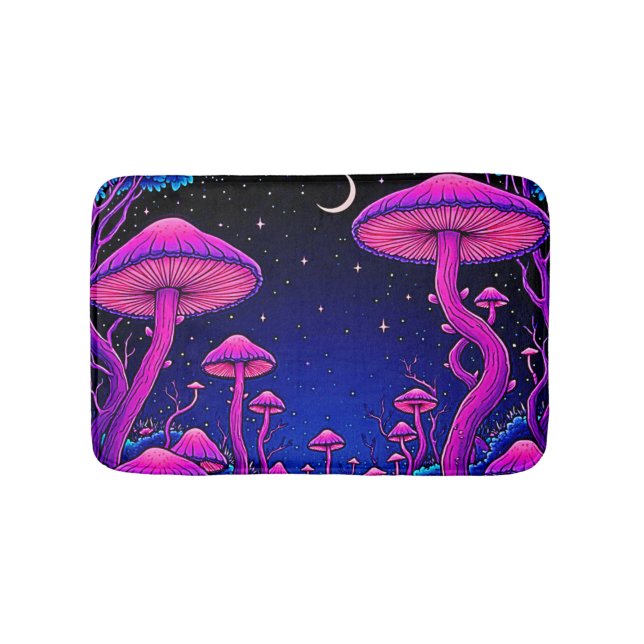 Glowing Psychedelic Mushroom Forest Night Bath Mat (Front)