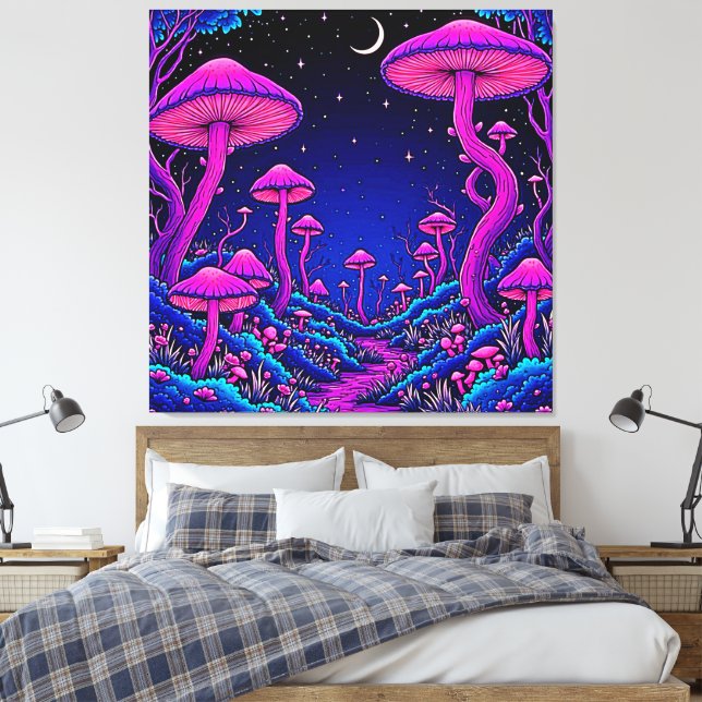 Glowing Psychedelic Mushroom Forest Night Canvas Print (Insitu(Bedroom))