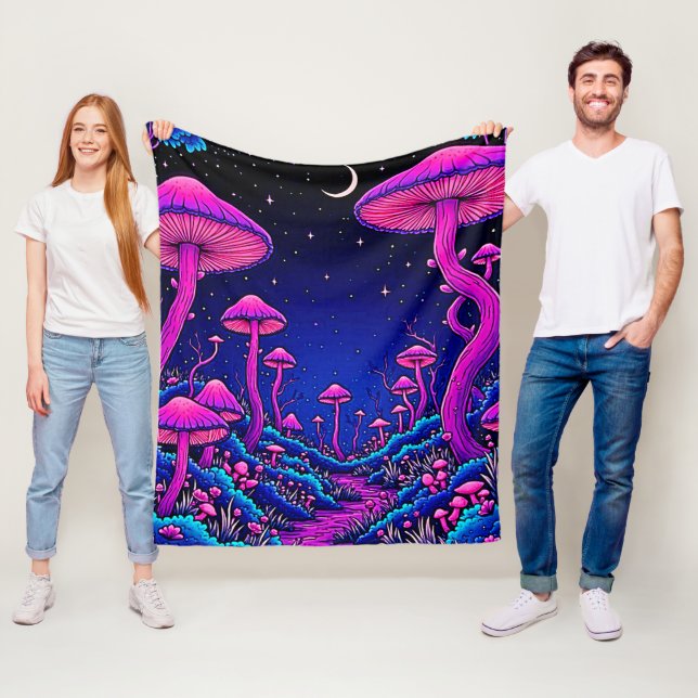 Glowing Psychedelic Mushroom Forest Night Fleece Blanket (In Situ)