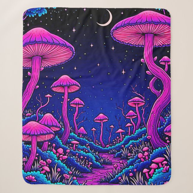 Glowing Psychedelic Mushroom Forest Night Sherpa Blanket (Front)