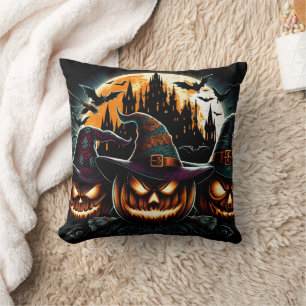 Glowing pumpkins shine under the moon cushion
