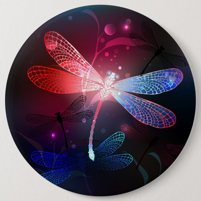 Glowing red dragonfly 6 cm round badge (Front)
