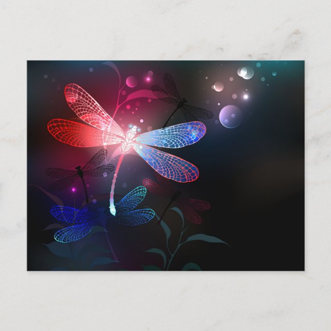 Glowing red dragonfly announcement postcard (Front)