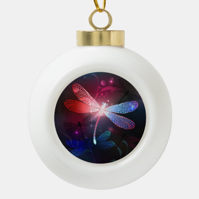 Glowing red dragonfly ceramic ball christmas ornament (Front)