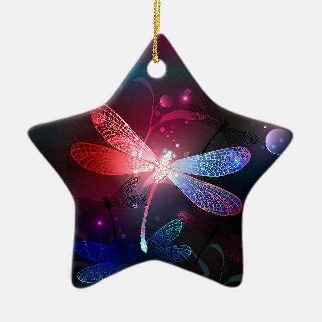Glowing red dragonfly ceramic tree decoration (Front)