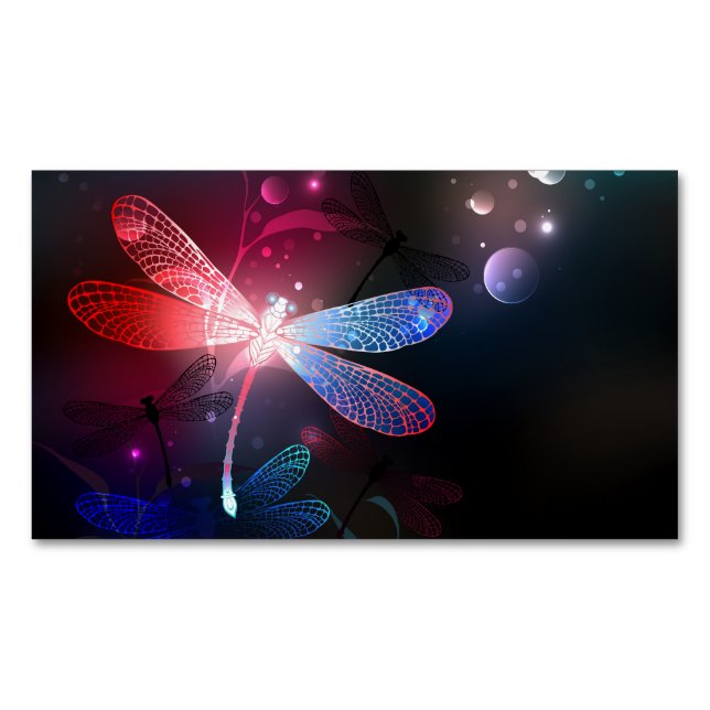 Glowing red dragonfly magnetic business card (Front)