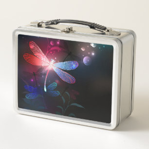 Glowing red dragonfly metal lunch box