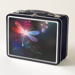 Glowing red dragonfly metal lunch box