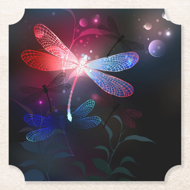 Glowing red dragonfly paper coaster (Front)