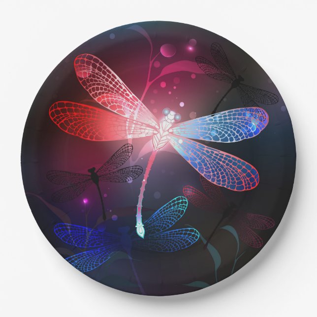 Glowing red dragonfly paper plate (Front)