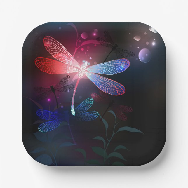Glowing red dragonfly paper plate (Front)