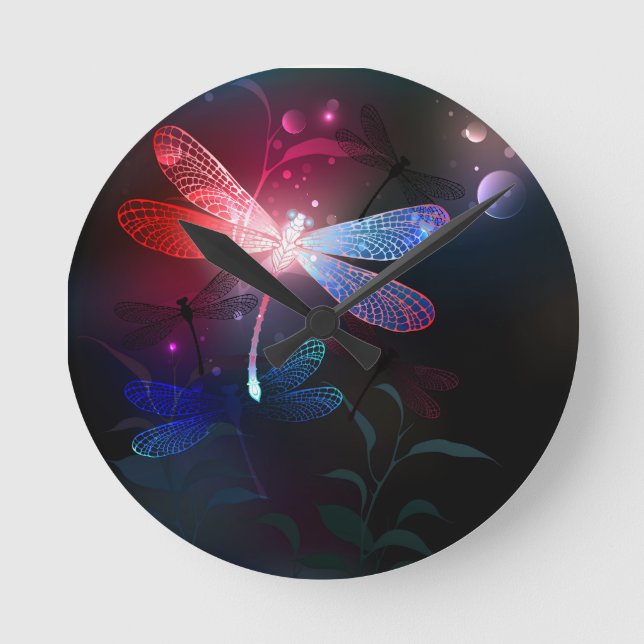 Glowing red dragonfly round clock (Front)