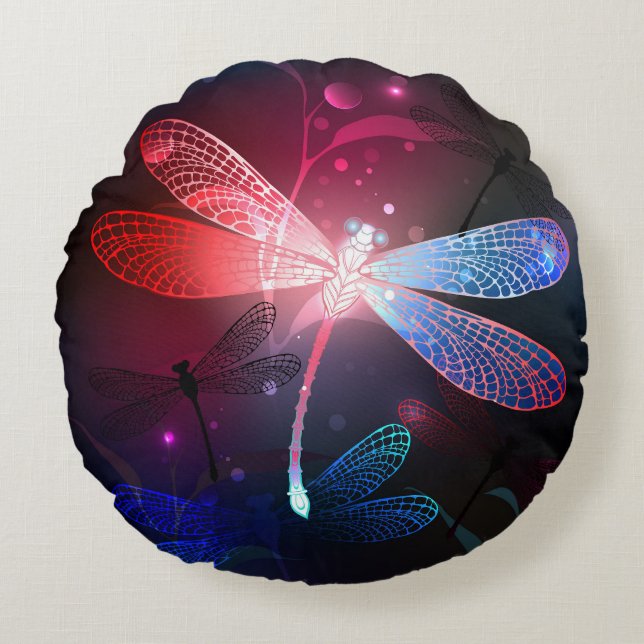 Glowing red dragonfly round cushion (Front)