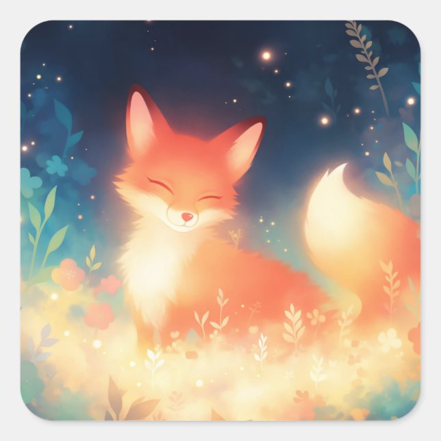 Glowing Red Fox in Starry Night Wildflower Square Sticker (Front)