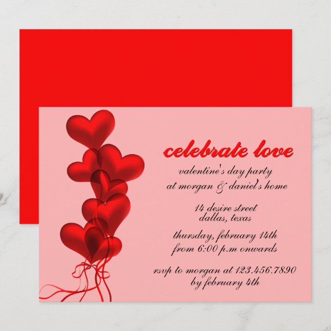 Glowing Red Heart Balloons Valentine's Day Party Invitation (Front/Back)