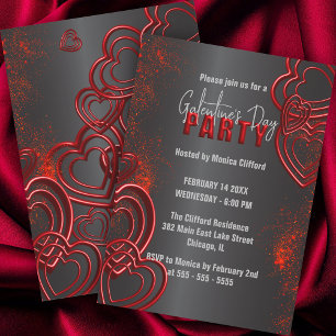 Glowing Red Hearts on Black Galentine’s Day Party Invitation