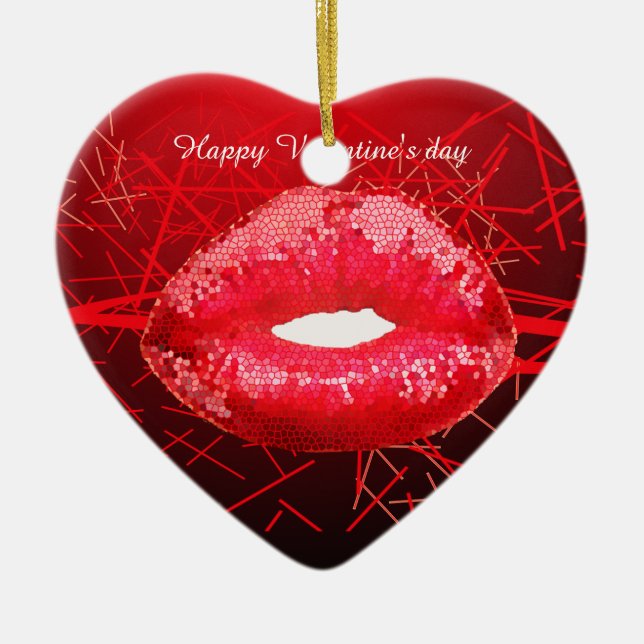 Glowing red kiss me lips valentine ceramic tree decoration (Front)