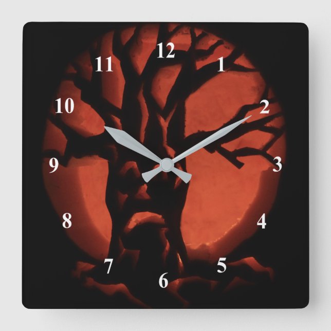 Glowing Scared Dead Tree Halloween Pumpkin Square Wall Clock (Front)