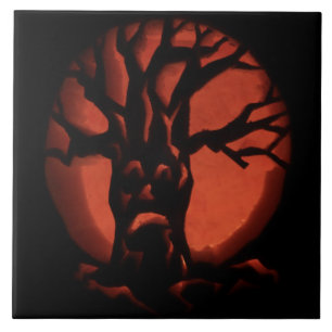 Glowing Scared Dead Tree Halloween Pumpkin Tile