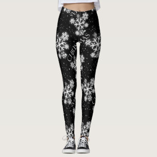 Glowing Snowflakes with Christmas Graphic on BLACK Leggings