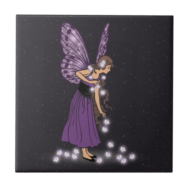 Glowing Star Flowers Pretty Purple Fairy Girl Tile (Front)