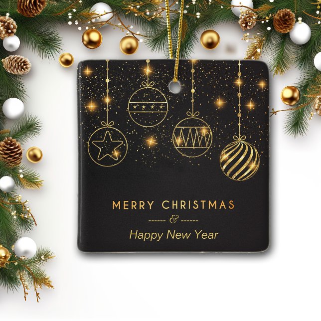 Glowing Stars Gold Bulbs on Black Ceramic Ornament (Creator Uploaded)