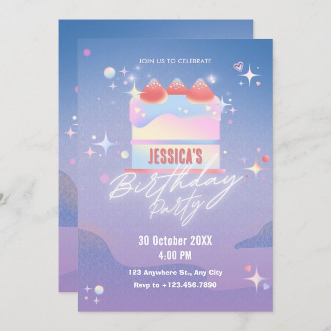 Glowing strawberry cake birthday invitation (Front/Back)