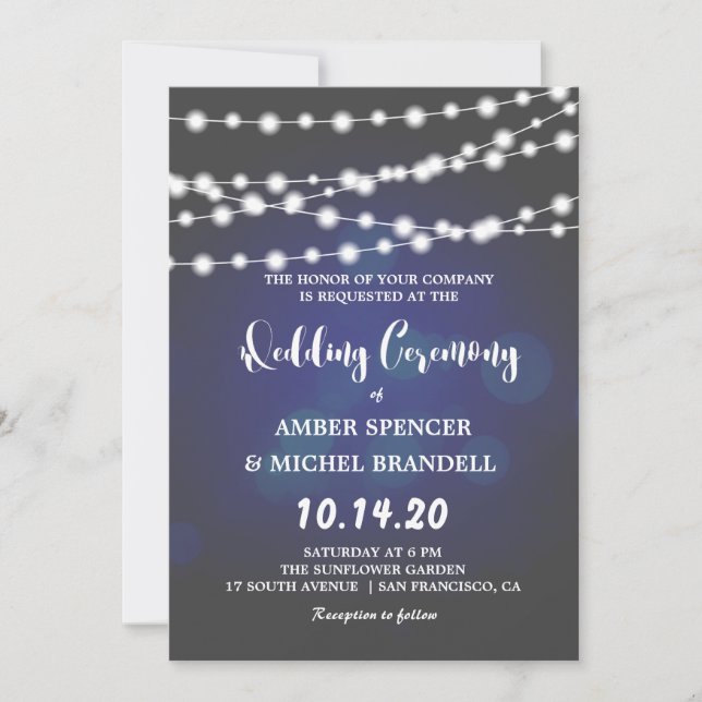 Glowing String Lights Deep Blue Wedding Invites (Front)