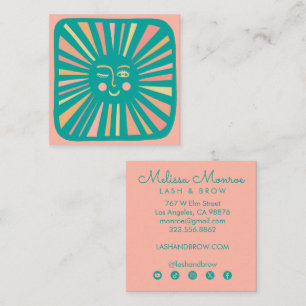 Glowing Sun Cute Charming Pink Teal Social Icons Square Business Card