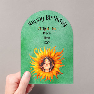 Glowing Sunflower Young Girl Face in Centre Green Acrylic Invitations