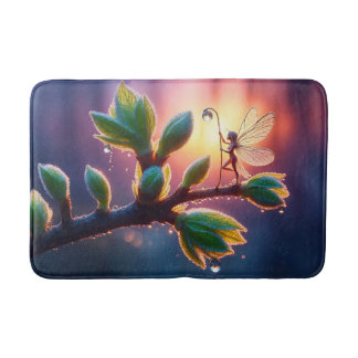 Glowing sunrise background with winged creature bath mat