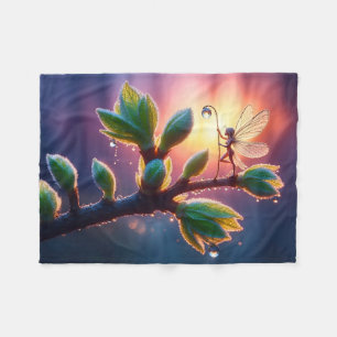 Glowing sunrise background with winged creature fleece blanket