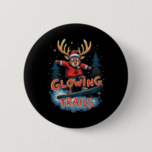 Glowing Trails Reindeer With Red Nose Snowboarding 6 Cm Round Badge
