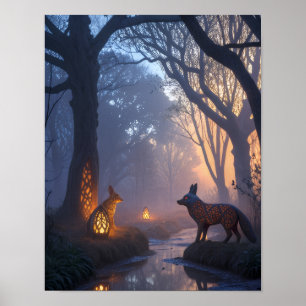 Glowing Twilight Forest with Wooden Animals Poster