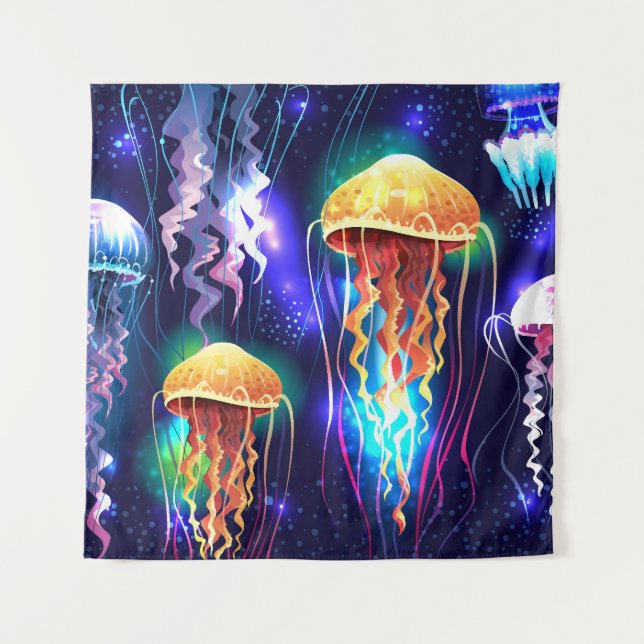 Glowing Underwater Jellyfish Horizontal Banner Tapestry (Front)