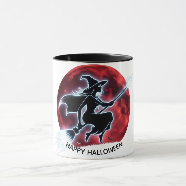 Glowing Witch Flying Over Red Moon Halloween Mug (Center)