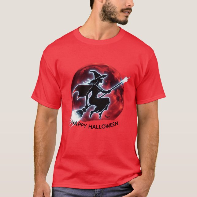 Glowing Witch Flying Red Moon Men's Tee (Front)