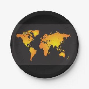 Glowing World Map in Orange and Yellow Paper Plate