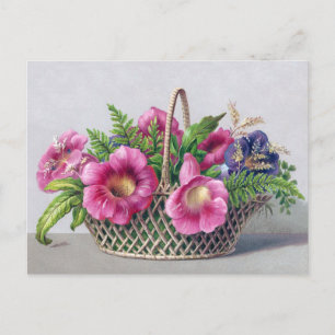 Gloxinia and Ferns in Basket Vintage Victorian Postcard
